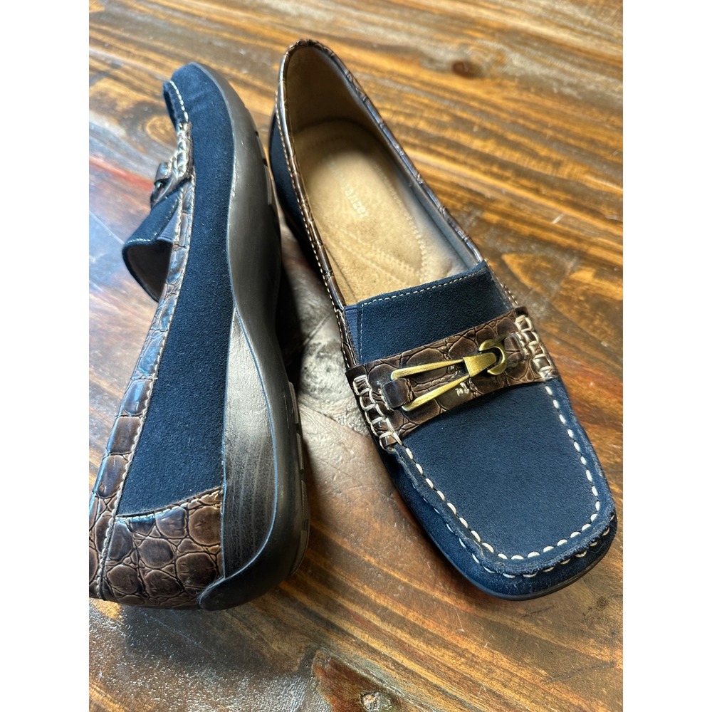 Naturalizer Womens Navy Suede Brown Croc Trim Loafers Bit Detail 9.5M Candua